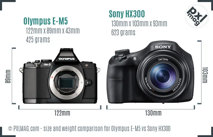 Olympus E-M5 vs Sony HX300 size comparison