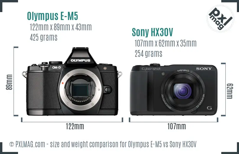 Olympus E-M5 vs Sony HX30V size comparison