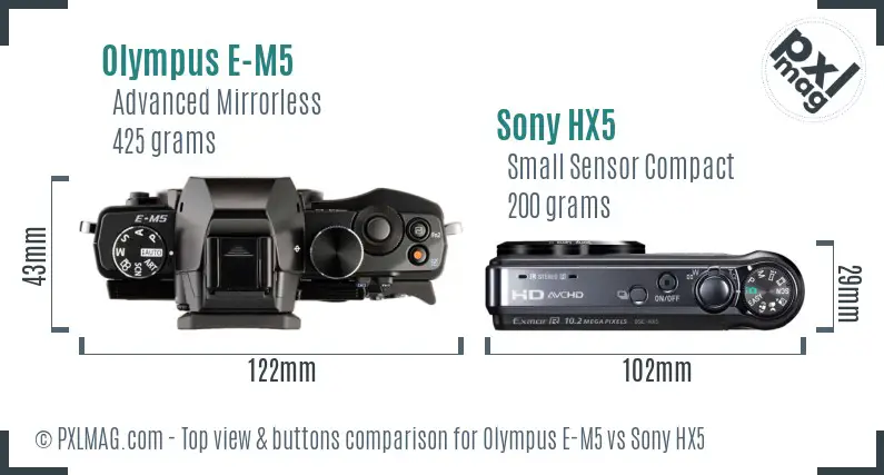 Olympus E-M5 vs Sony HX5 top view buttons comparison