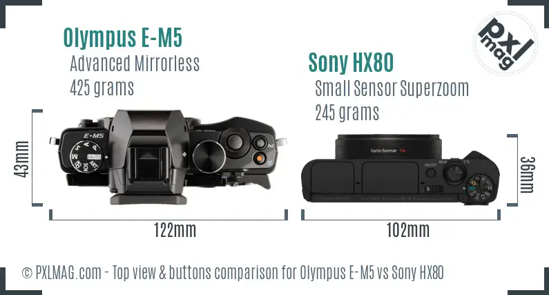 Olympus E-M5 vs Sony HX80 top view buttons comparison