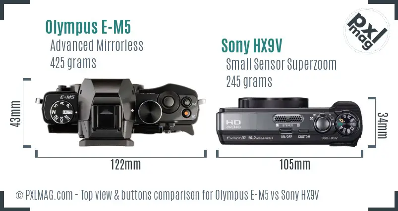 Olympus E-M5 vs Sony HX9V top view buttons comparison