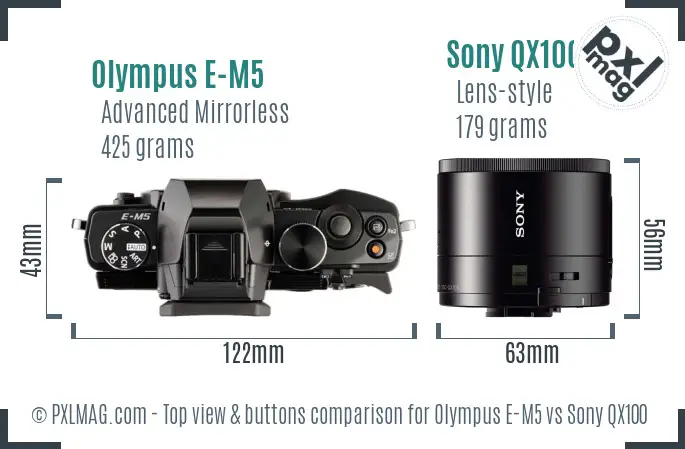 Olympus E-M5 vs Sony QX100 top view buttons comparison
