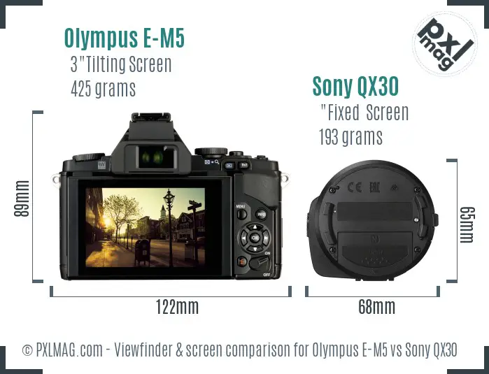 Olympus E-M5 vs Sony QX30 Screen and Viewfinder comparison