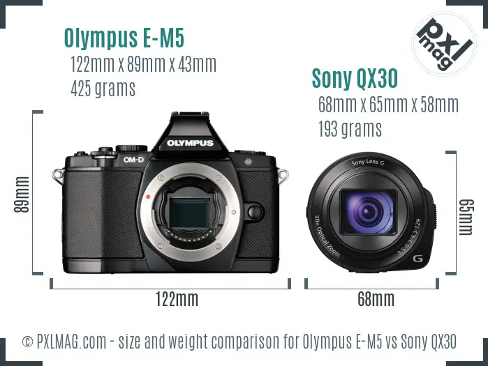 Olympus E-M5 vs Sony QX30 size comparison