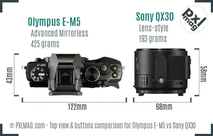 Olympus E-M5 vs Sony QX30 top view buttons comparison