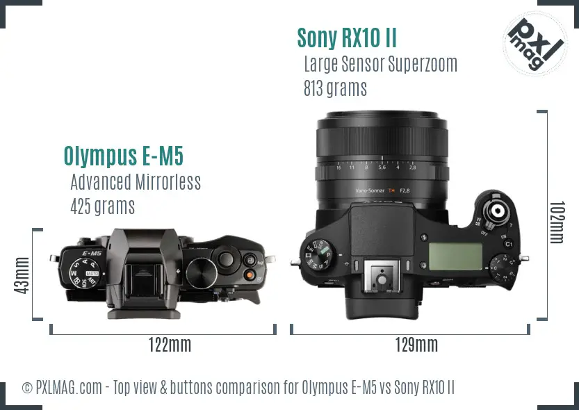 Olympus E-M5 vs Sony RX10 II top view buttons comparison