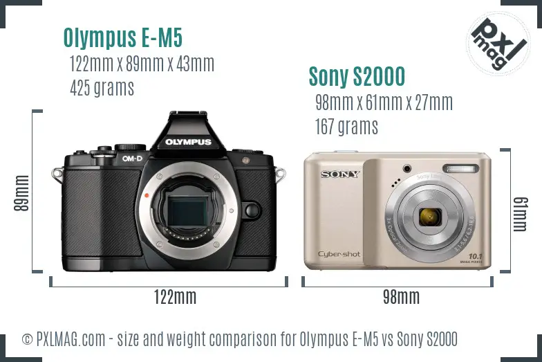 Olympus E-M5 vs Sony S2000 size comparison Olympus E-M5 vs Sony S2000 size comparison