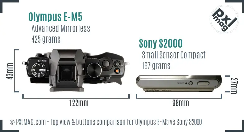 Olympus E-M5 vs Sony S2000 top view buttons comparison Olympus E-M5 vs Sony S2000 top view buttons comparison