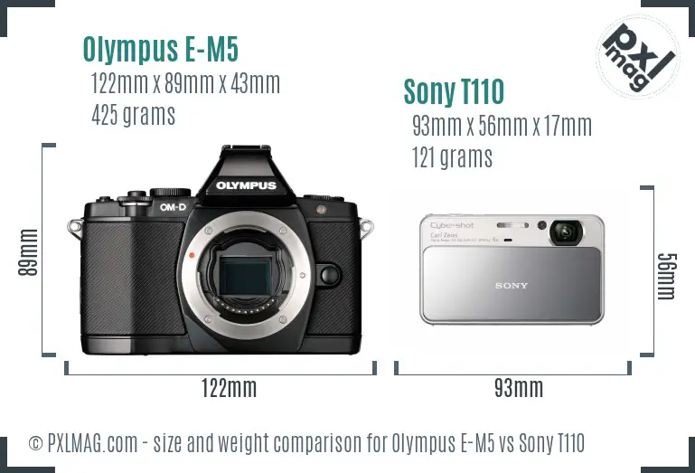 Olympus E-M5 vs Sony T110 size comparison