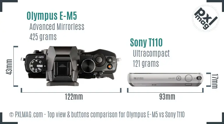 Olympus E-M5 vs Sony T110 top view buttons comparison