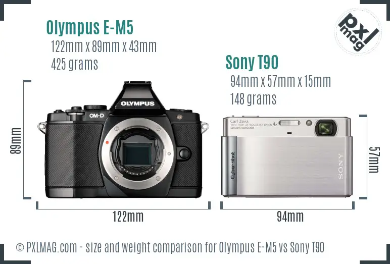 Olympus E-M5 vs Sony T90 size comparison