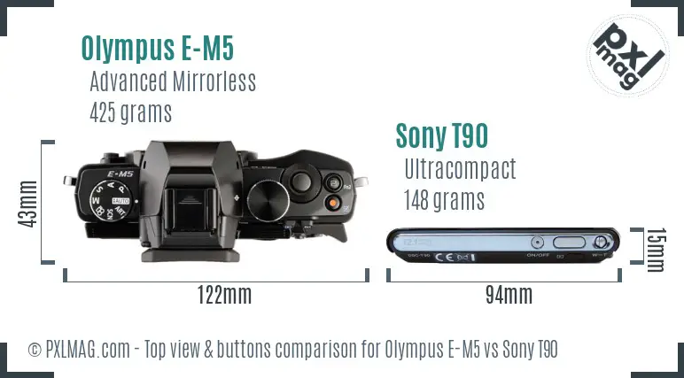 Olympus E-M5 vs Sony T90 top view buttons comparison