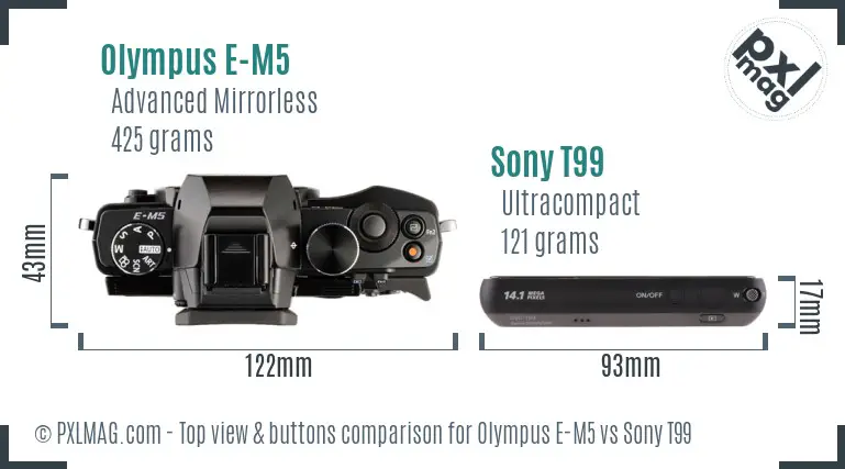 Olympus E-M5 vs Sony T99 top view buttons comparison Olympus E-M5 vs Sony T99 top view buttons comparison