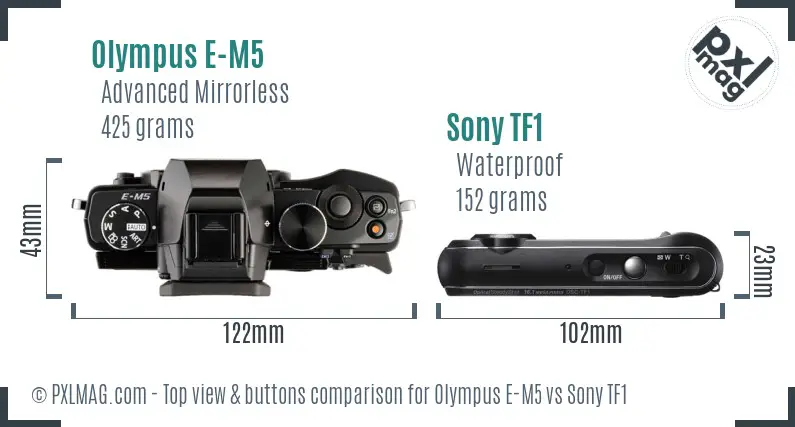 Olympus E-M5 vs Sony TF1 top view buttons comparison Olympus E-M5 vs Sony TF1 top view buttons comparison