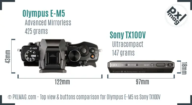 Olympus E-M5 vs Sony TX100V top view buttons comparison