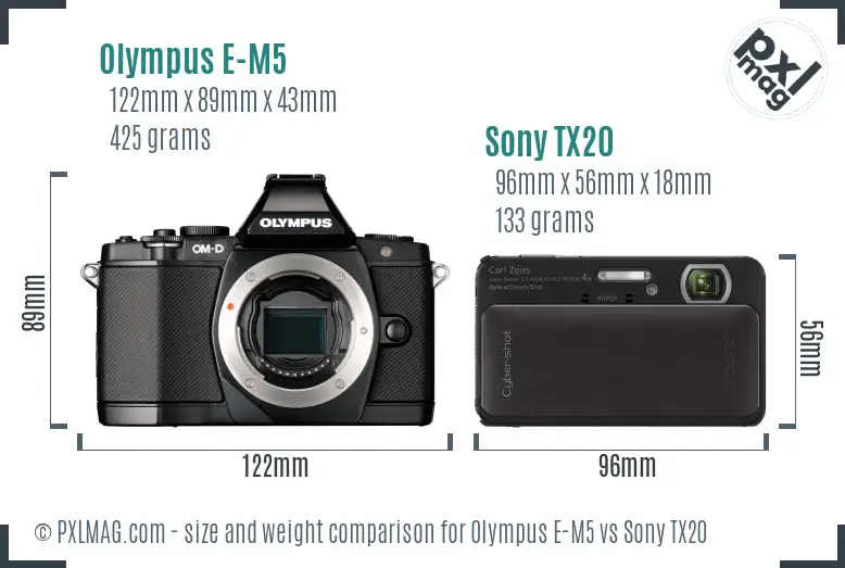 Olympus E-M5 vs Sony TX20 size comparison