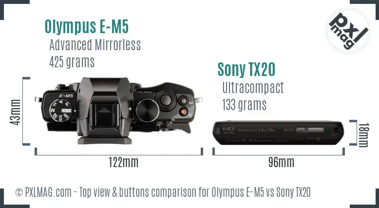 Olympus E-M5 vs Sony TX20 top view buttons comparison