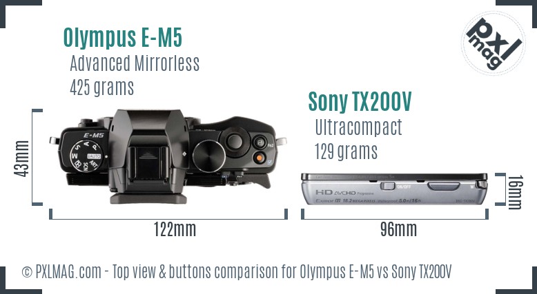 Olympus E-M5 vs Sony TX200V top view buttons comparison