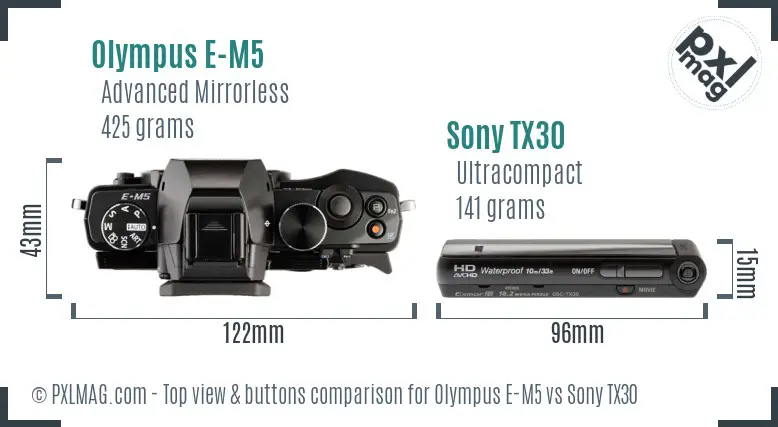 Olympus E-M5 vs Sony TX30 top view buttons comparison