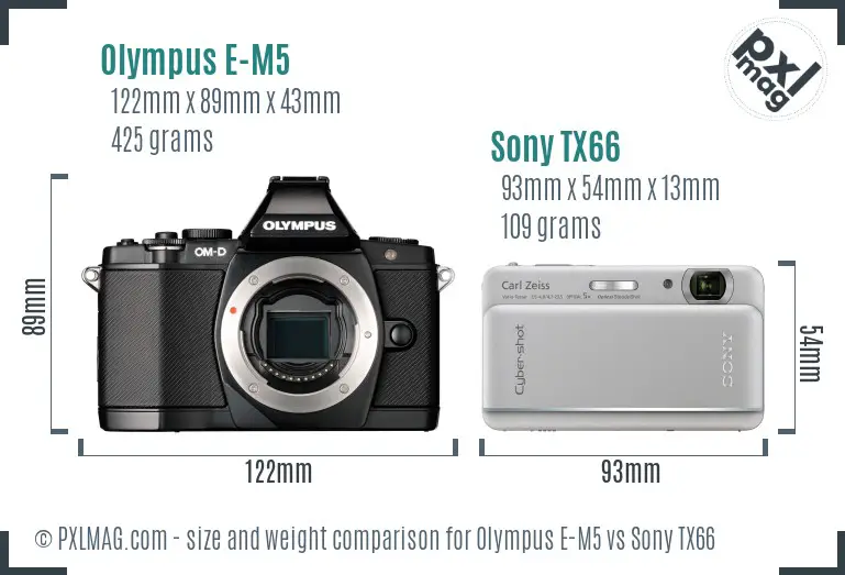 Olympus E-M5 vs Sony TX66 size comparison