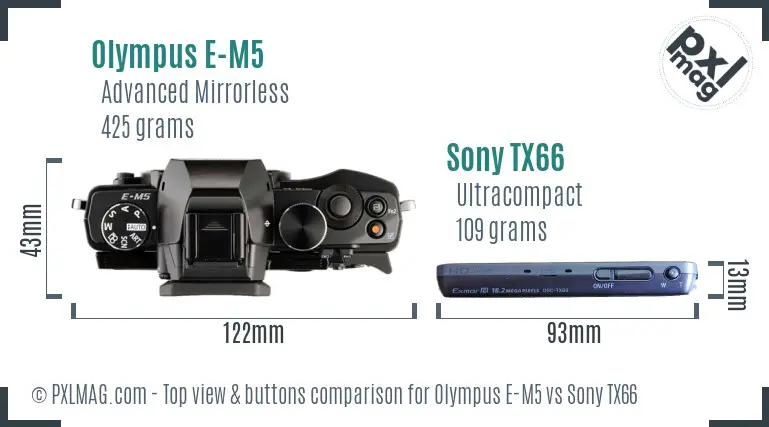 Olympus E-M5 vs Sony TX66 top view buttons comparison