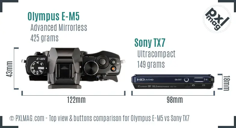 Olympus E-M5 vs Sony TX7 top view buttons comparison