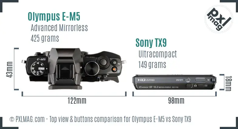 Olympus E-M5 vs Sony TX9 top view buttons comparison
