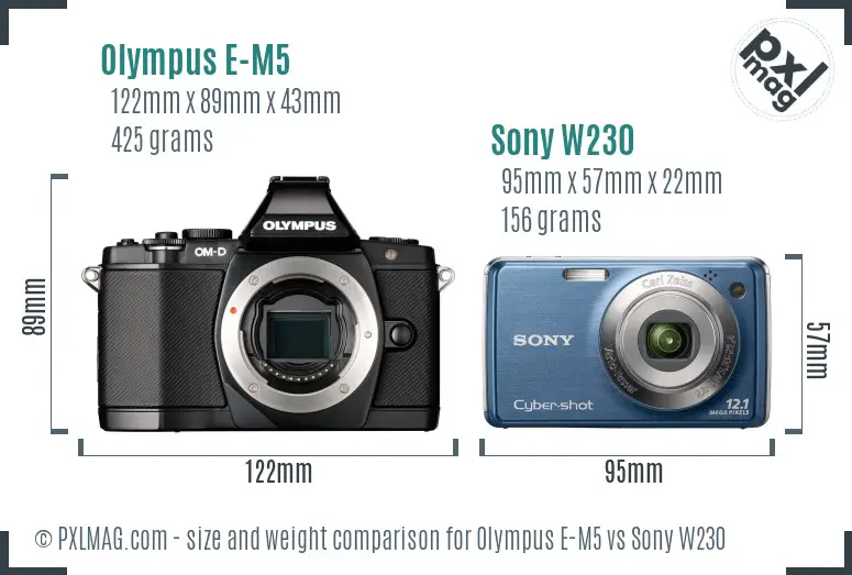 Olympus E-M5 vs Sony W230 size comparison