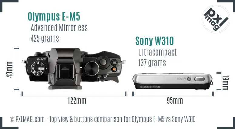 Olympus E-M5 vs Sony W310 top view buttons comparison