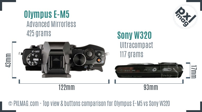 Olympus E-M5 vs Sony W320 top view buttons comparison