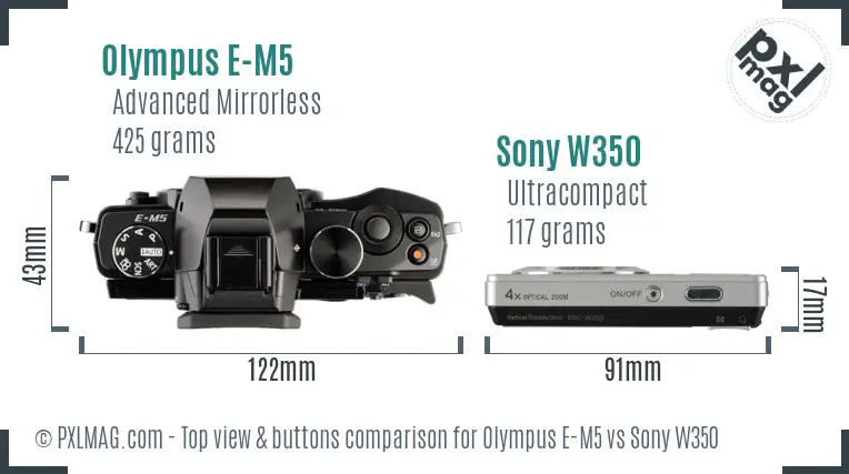 Olympus E-M5 vs Sony W350 top view buttons comparison