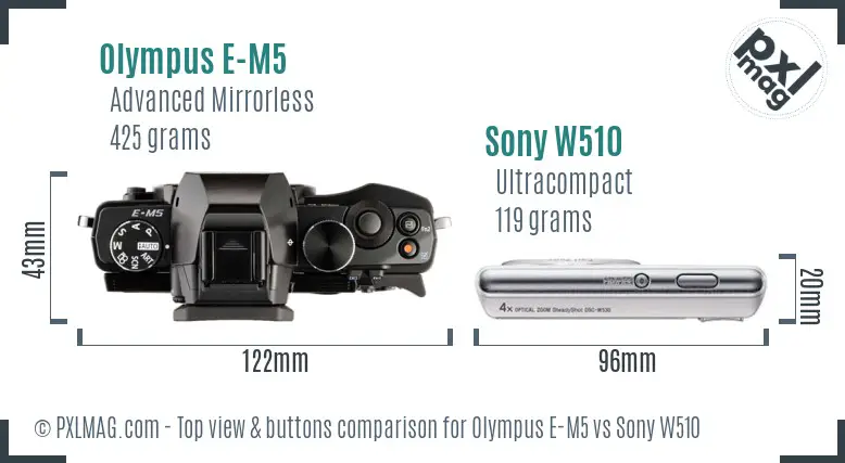 Olympus E-M5 vs Sony W510 top view buttons comparison