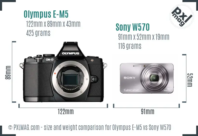 Olympus E-M5 vs Sony W570 size comparison