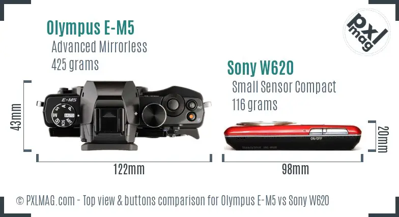 Olympus E-M5 vs Sony W620 top view buttons comparison Olympus E-M5 vs Sony W620 top view buttons comparison