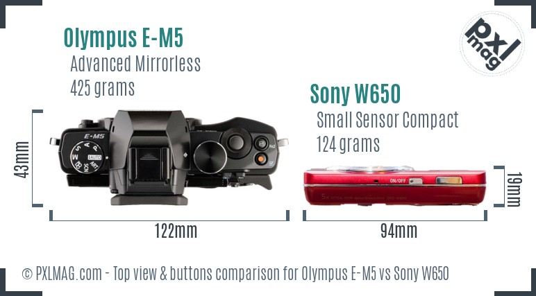 Olympus E-M5 vs Sony W650 top view buttons comparison