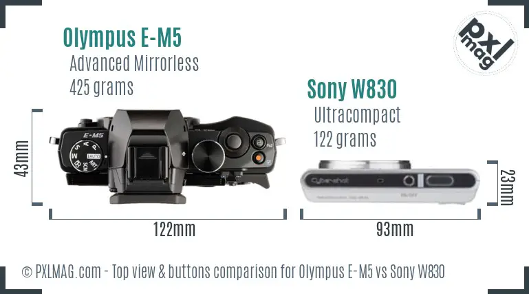 Olympus E-M5 vs Sony W830 top view buttons comparison
