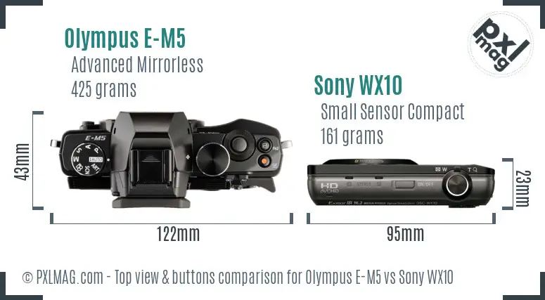 Olympus E-M5 vs Sony WX10 top view buttons comparison