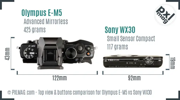 Olympus E-M5 vs Sony WX30 top view buttons comparison