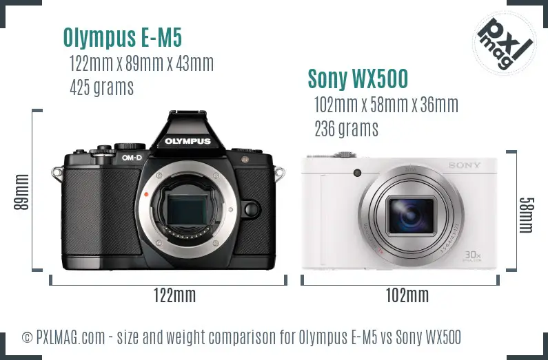 Olympus E-M5 vs Sony WX500 size comparison