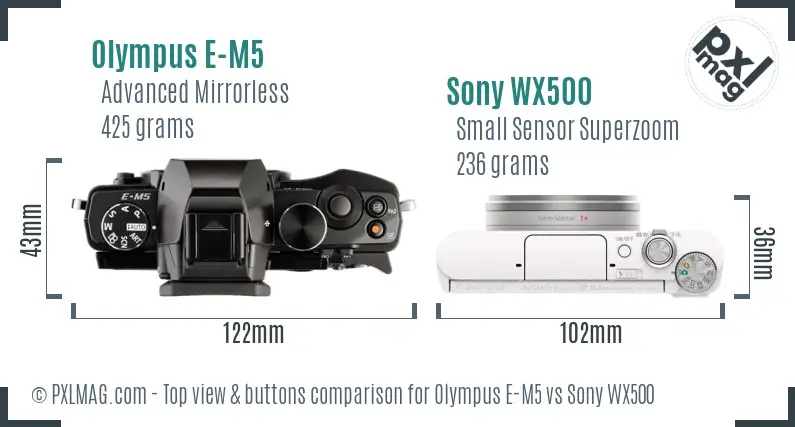 Olympus E-M5 vs Sony WX500 top view buttons comparison