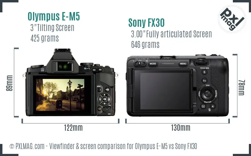 Olympus E-M5 vs Sony FX30 Screen and Viewfinder comparison Olympus E-M5 vs Sony FX30 Screen and Viewfinder comparison