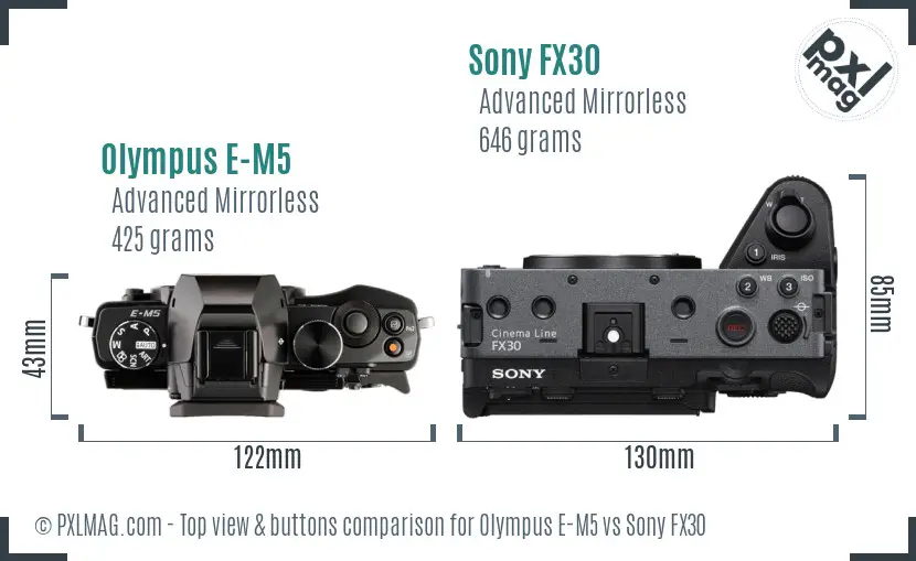 Olympus E-M5 vs Sony FX30 top view buttons comparison Olympus E-M5 vs Sony FX30 top view buttons comparison