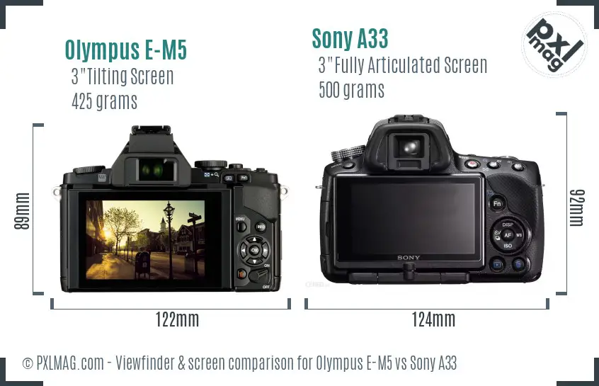 Olympus E-M5 vs Sony A33 Screen and Viewfinder comparison