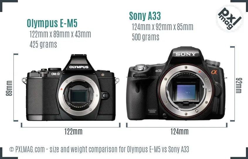 Olympus E-M5 vs Sony A33 size comparison