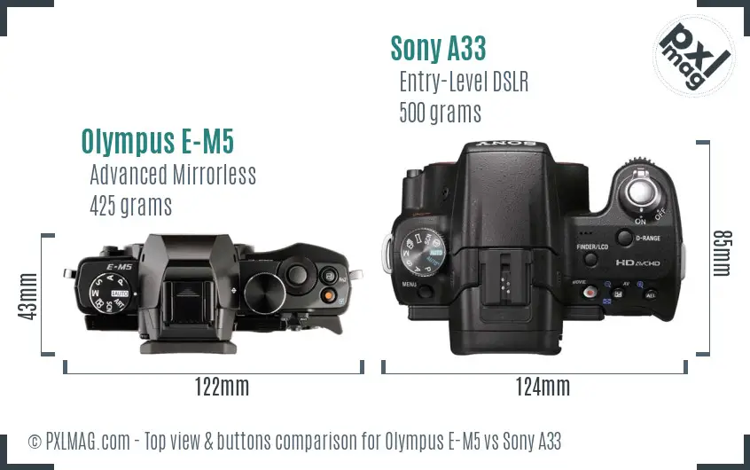 Olympus E-M5 vs Sony A33 top view buttons comparison