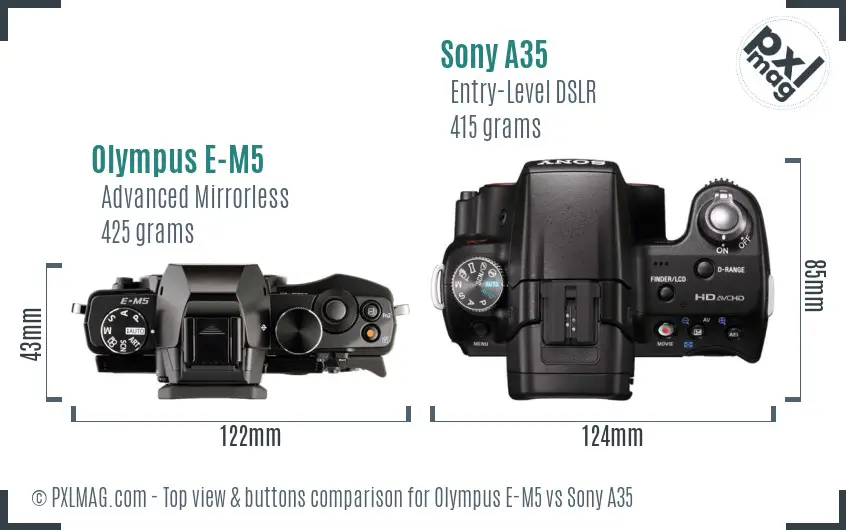 Olympus E-M5 vs Sony A35 top view buttons comparison