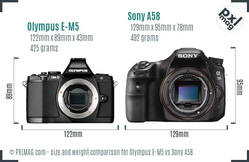 Olympus E-M5 vs Sony A58 size comparison