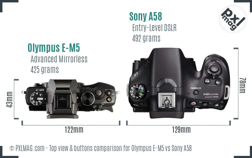 Olympus E-M5 vs Sony A58 top view buttons comparison