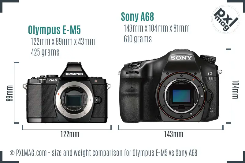 Olympus E-M5 vs Sony A68 size comparison