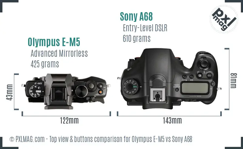Olympus E-M5 vs Sony A68 top view buttons comparison